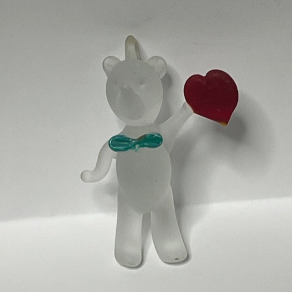 Frosted Blown Glass Bear Figurine Green Bow Tie Red Heart Hanging Ornament 2"x3"